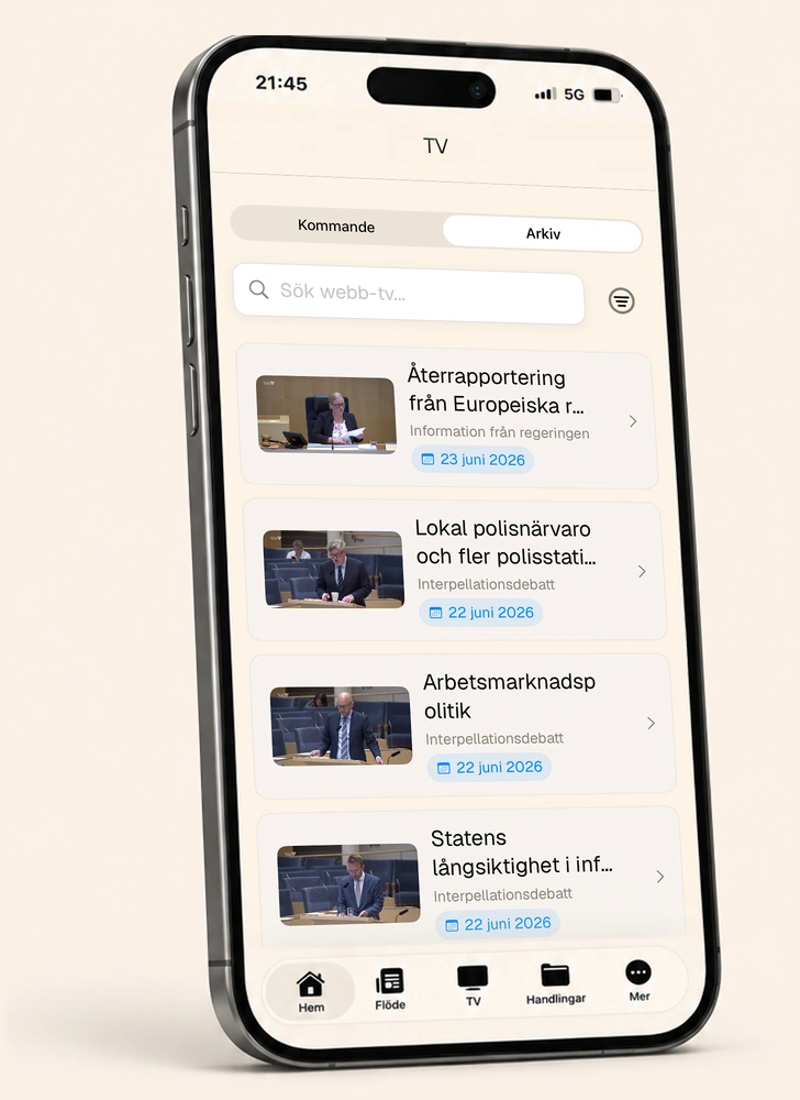 Webb-tv i appen med videor från riksdagens kammare
